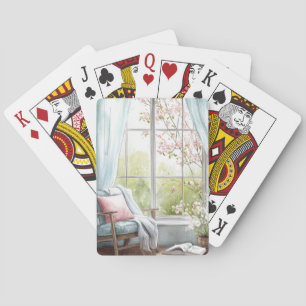 Cosy Watercolor Reading Nook Window Spring Garden  Playing Cards