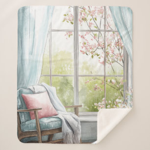 Cosy Watercolor Reading Nook Window Spring Garden Sherpa Blanket