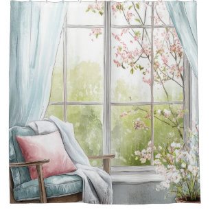 Cosy Watercolor Reading Nook Window Spring Garden  Shower Curtain