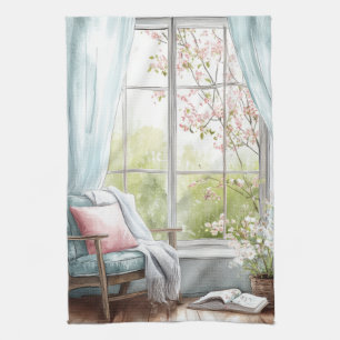 Cosy Watercolor Reading Nook Window Spring Garden Tea Towel