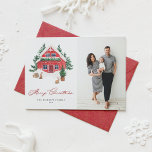 Cosy Watercolor Red Christmas Cottage Photo Holiday Card<br><div class="desc">Merry Christmas! Send warm Christmas greetings to family and friends with this customisable Christmas flat card. It features a watercolor red Christmas cottage with a whimsical winter wonderland scene. Personalise this watercolor photo Christmas card by adding your own details. This cosy Christmas cottage card is available on other cardstock.</div>