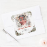 Cosy watercolor red Christmas door in winter city Square Sticker<br><div class="desc">Modern Christmas colour scheme - dusty green sage green and copper and deep red for sticker features cosy Festive house with rustic red door in a snow city - truly holiday atmosphere. Easy personalised with your name,  established date,  city or any other custom text.</div>