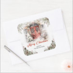 Cosy watercolor red Christmas door in winter city Square Sticker<br><div class="desc">Modern Christmas colour scheme - dusty green sage green and copper and deep red for sticker features cosy Festive house with rustic red door in a snow city - truly holiday atmosphere. Easy personalised with your name,  established date,  city or any other custom text.</div>