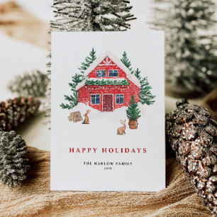 Cosy Watercolor Red Cottage Evergreen Forest Holiday Card