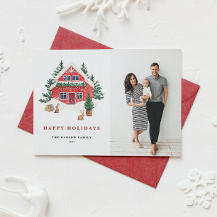 Cosy Watercolor Red Winter Cabin in Snow Photo Holiday Card