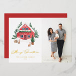 Cosy Watercolor Winter Cottage Merry Christmas<br><div class="desc">Merry Christmas! Send warm Christmas greetings to family and friends with this customisable gold foil Christmas card. It features a watercolor red Christmas cottage with a whimsical winter wonderland scene. Personalise this watercolor photo Christmas card by adding your own details. This cosy Christmas cottage card is available on other cardstock....</div>