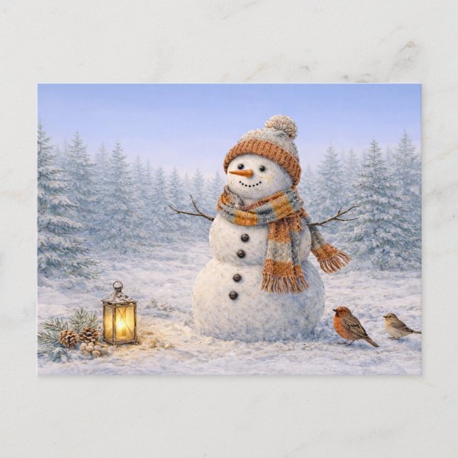 Cosy Watercolor Winter Snowman with Birds Holiday Postcard (Front)
