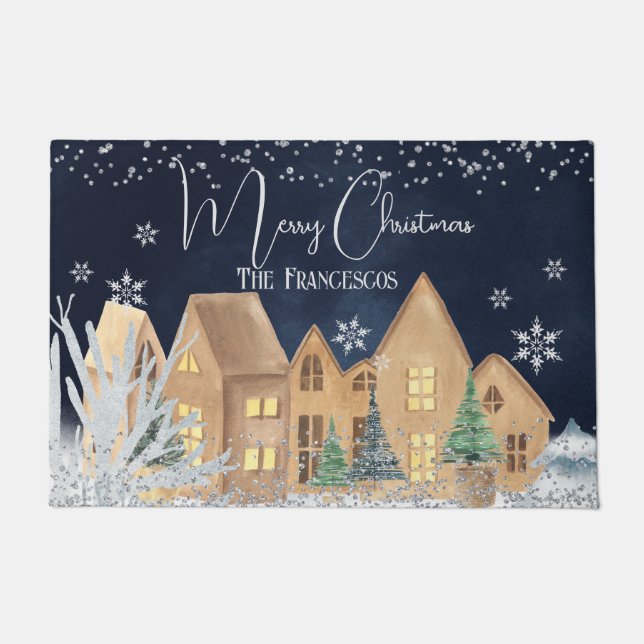 Cosy Watercolor Winter Village Christmas Doormat (Front)