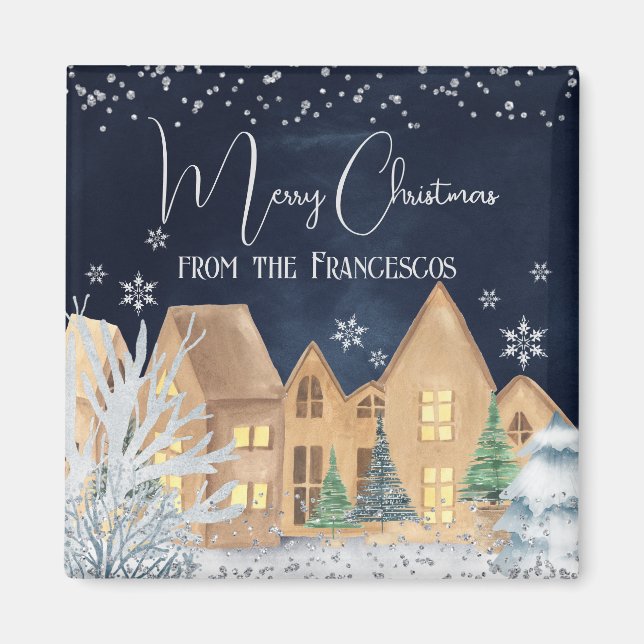 Cosy Watercolor Winter Village Christmas Magnet (Front)