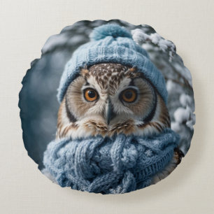 Cosy Whimsical Winter Wonderland Owl Round Cushion