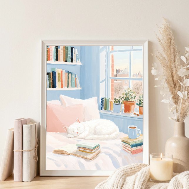 Cosy White Cat Reading Nook Art Print (Creator Uploaded)