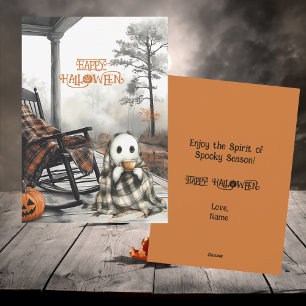 Cosy White Ghost Rustic Fall Porch Happy Halloween Holiday Card