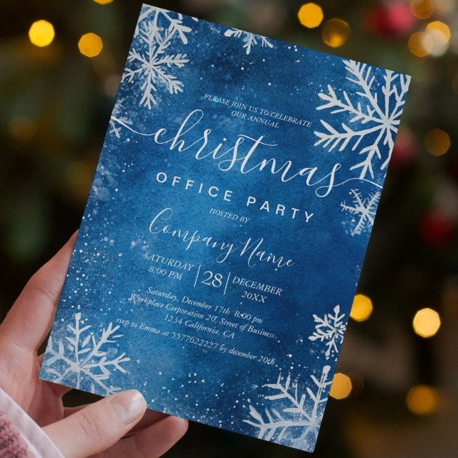 Cosy White Snowflakes Blue Christmas Office Party Invitation (Creator Uploaded)