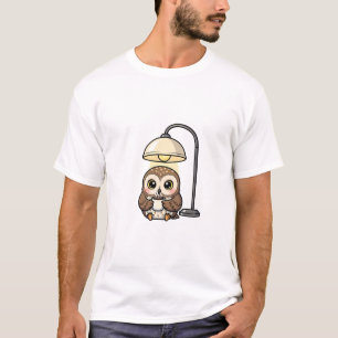 Cosy Wide-Eyed Owl Drinking Coffee Under Warm Lamp T-Shirt