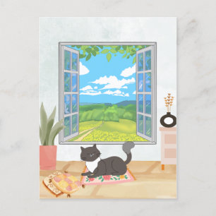 Cosy window homey interior with relaxing cat  postcard