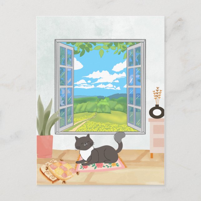 Cosy window homey interior with relaxing cat  postcard (Front)