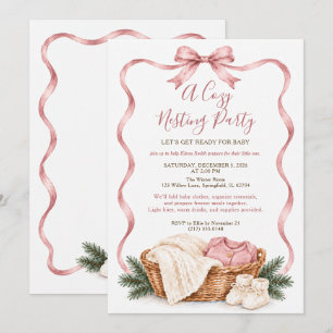 Cosy Winter Blush Pink Bow Baby Nesting Party Invitation