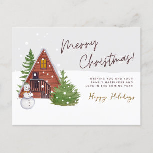 Cosy Winter Cabin & Snowman Watercolor Christmas Holiday Postcard