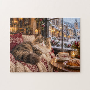 Cosy Winter Cat Resting Indoors With Snowy Village Jigsaw Puzzle