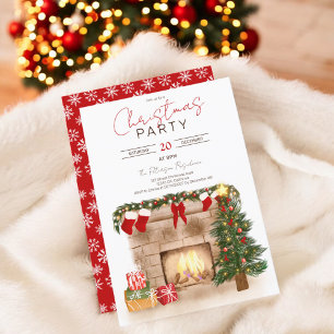 Cosy winter chimney Christmas tree illustration Invitation