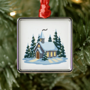 Cosy Winter Christmas Church Snowy Country Metal Tree Decoration