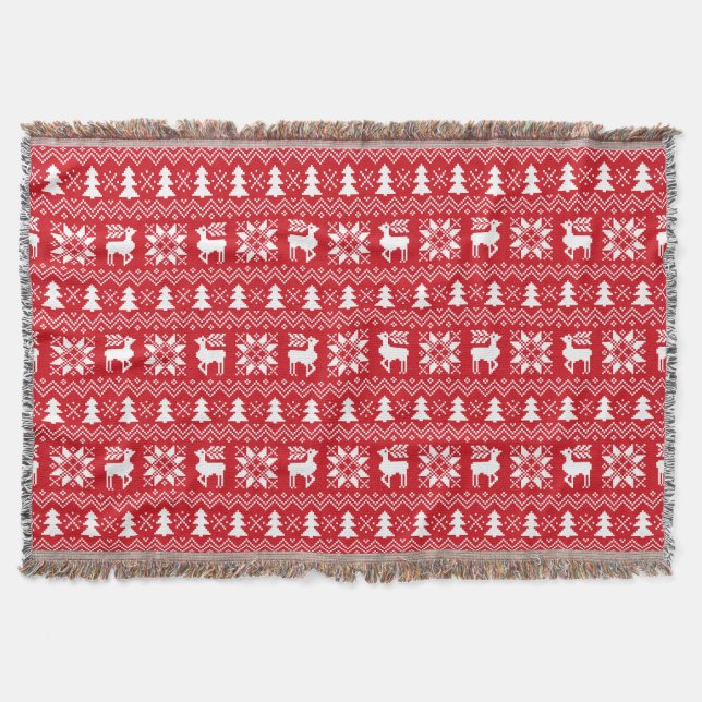 Cosy Winter Christmas Inspired Red Pattern Throw Blanket (Front)