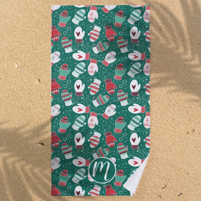 Cosy Winter Christmas Mittens Pattern in Green Beach Towel (Winter Mittens Beach Towel)