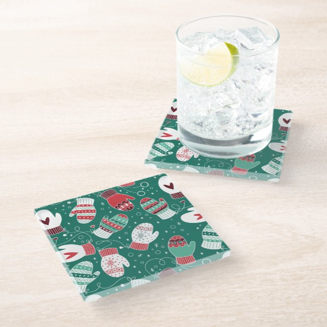 Cosy Winter Christmas Mittens Pattern in Green Glass Coaster (Angled)