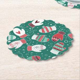 Cosy Winter Christmas Mittens Pattern in Green Paper Coaster