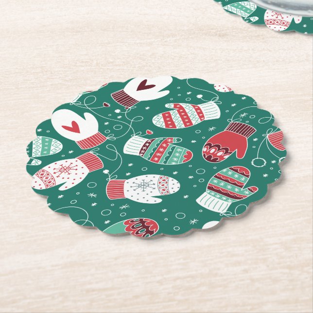 Cosy Winter Christmas Mittens Pattern in Green Paper Coaster (Angled)