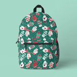 Cosy Winter Christmas Mittens Pattern in Green Printed Backpack<br><div class="desc">This novelty pattern design features hand drawn mittens with unique doodled designs on each mitten, perfect for the chilly winter season. Each adorable mitten has snowflakes, hearts, festive stripes, strings and pom poms in knitted style, and are surrounded by snowflake dots. Coloured in a classic Christmas colour palette of deep...</div>