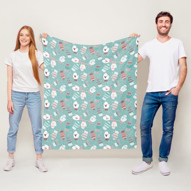Cosy Winter Christmas Mittens Pattern in Mint Fleece Blanket (In Situ)