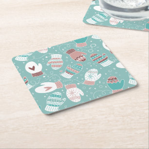 Cosy Winter Christmas Mittens Pattern in Mint Square Paper Coaster