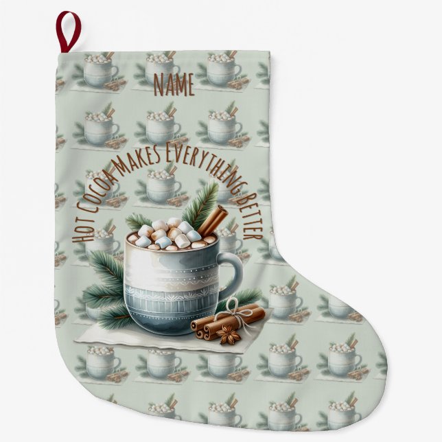 Cosy Winter Cocoa Marshmallow Scene Large Christmas Stocking (Front)