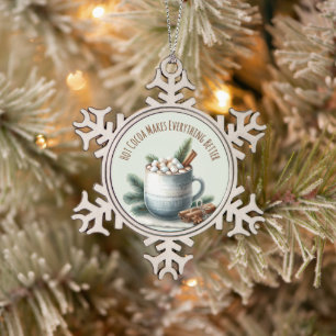 Cosy Winter Cocoa Marshmallow Scene Snowflake Pewter Christmas Ornament