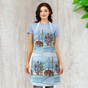 Cosy Winter Cottage Snow Landscape Apron