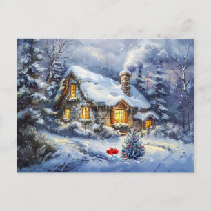 Cosy Winter Cottage with Christmas Tree Postcard
