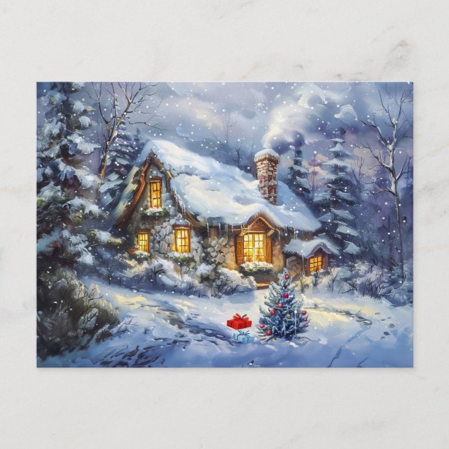 Cosy Winter Cottage with Christmas Tree Postcard (Front)