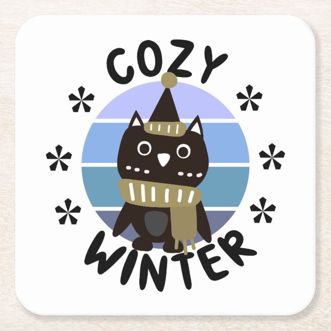 Cosy Winter, Cute Owl Square Paper Coaster (Front)