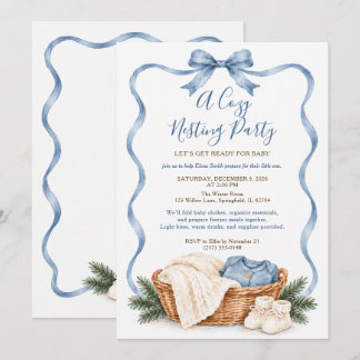 Cosy Winter Dusty Blue Bow Baby Nesting Party Invitation