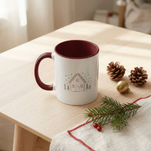 Cosy Winter Gingerbread House Line Art Red & Green Mug