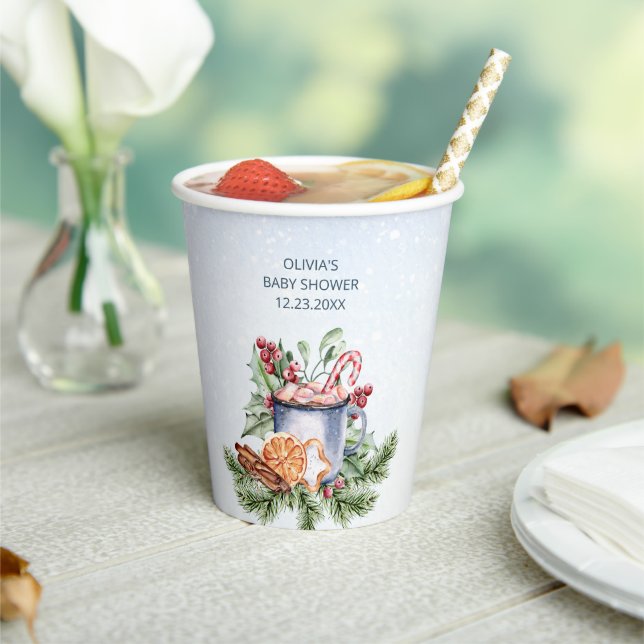 Cosy Winter Hot Cocoa Snowly Baby Shower Paper Cups (Insitu)
