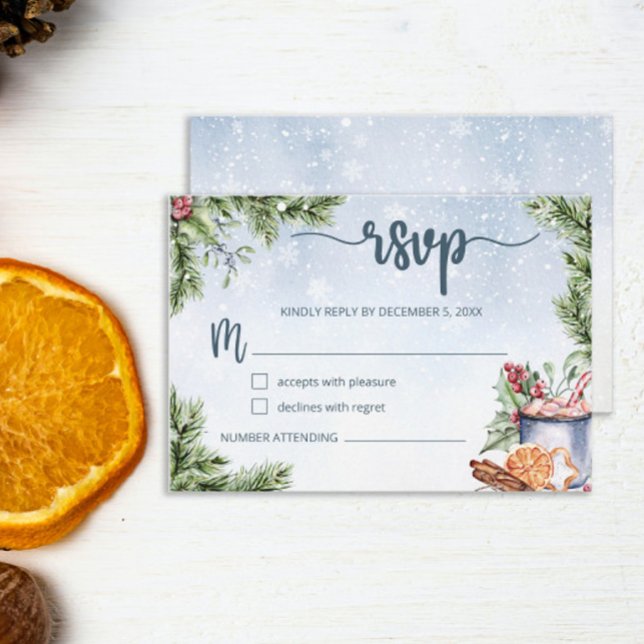 Cosy Winter Hot Cocoa Snowly Wedding RSVP Card (Creator Uploaded)