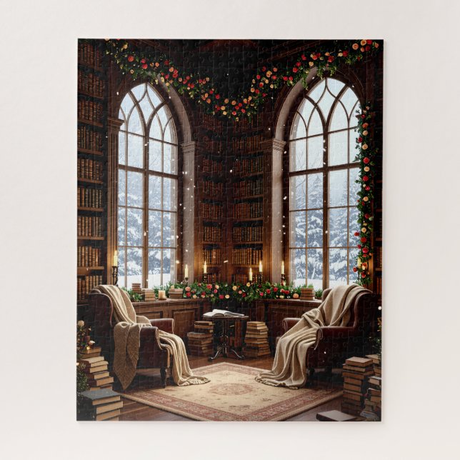 Cosy Winter Library with Holiday Garland and Snowy Jigsaw Puzzle (Vertical)