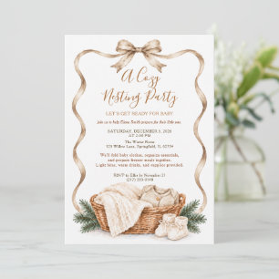 Cosy Winter Neutral Beige Bow Baby Nesting Party Invitation