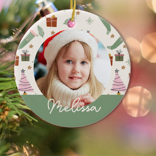 Cosy Winter Pink Green Christmas Photo Ceramic Tree Decoration