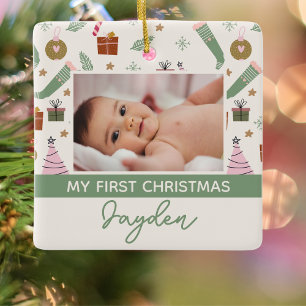 Cosy Winter Pink Green First Christmas Photo   Ceramic Ornament