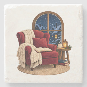 Cosy Winter Reading Nook Stone Coaster