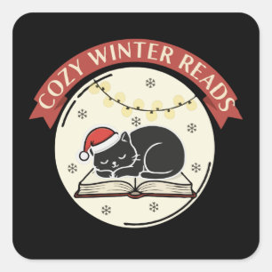Cosy Winter Reads Cute Christmas Cat Book Lover  Square Sticker