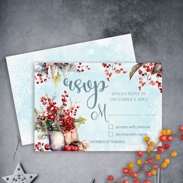 Cosy Winter Rowan berry bouquet Wedding RSVP Card (Creator Uploaded)